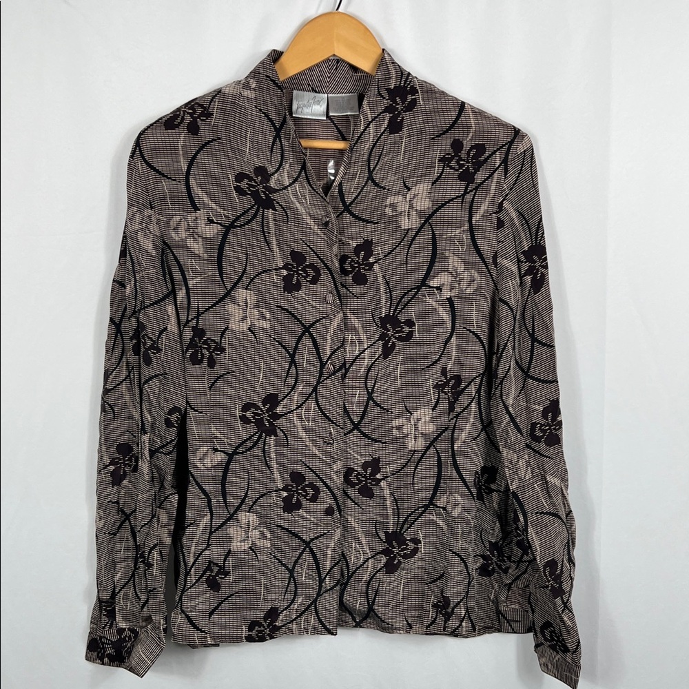Vintage 90’s Jacqueline Ferrar Women’s‎ Floral Button Up Shirt 14 Brown Silk